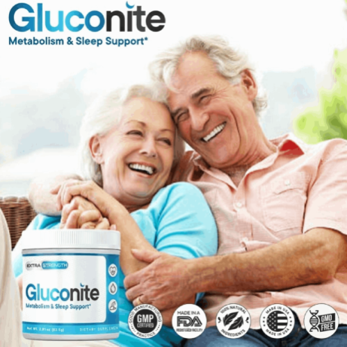 Gluconite supplement bottle supporting natural sleep, healthy blood sugar levels, and nighttime metabolism for increased energy